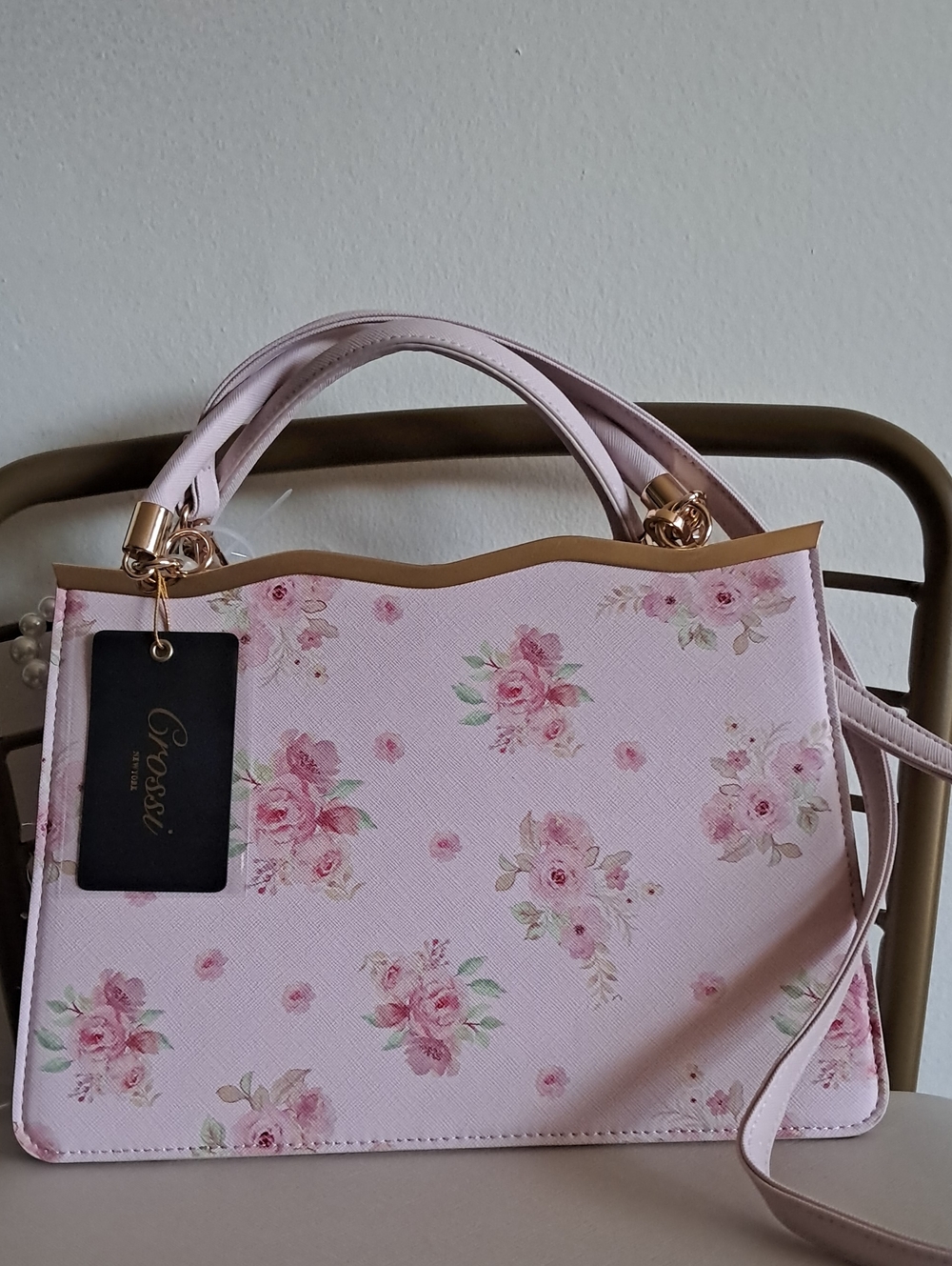 Pink Floral Satchel with Gold Accent